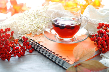 Cup of tea, Rowan and Notepad on wooden table. Autumn still-life.