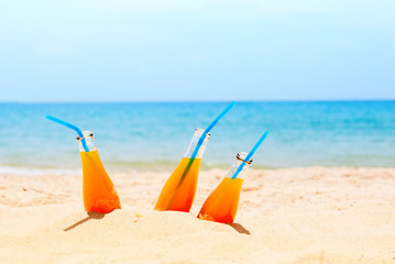 Three Orange Juice Bottles Sea Background Summer