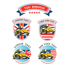 Set of vector logos of taxi service. Taxi in London and New York.