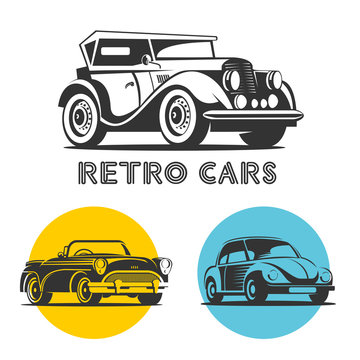 Retro cars. Set of vector logos, icons.