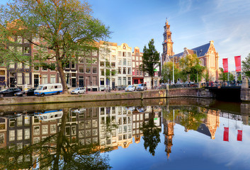 Fototapeta na wymiar Amsterdam Canals - Westerkerk Church, Netherlands, Holland, Europe