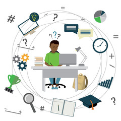 Cartoon teenager sitting at the table and studying