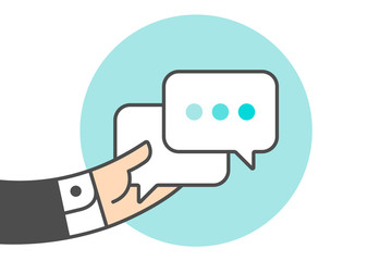 Icon of dialog messages. Two white boobles messages with text. Hand of businessman holds the messages icon. Icon of business dialog isolated on a blue circle in lines style. Vector Illustration