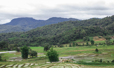 terraced Rice fields on the hill In the Rainy season with blue Cloud sky background