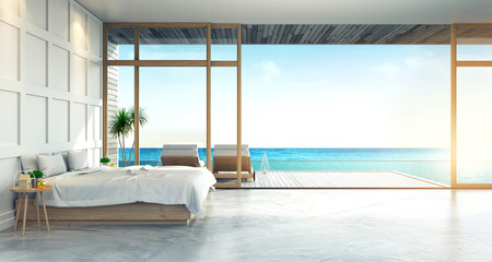 Modern Loft  interior of Bedroom ,Summer , beach lounge, sea Hostel Homestay,3d rendering
