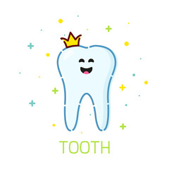 Smiling cartoon tooth character with a crown on white background. Oral dental hygiene. Teeth whitening and restoration. Dental health symbol. Human body medical concept. Vector illustration.