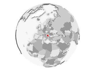 Bosnia and Herzegovina on grey globe isolated