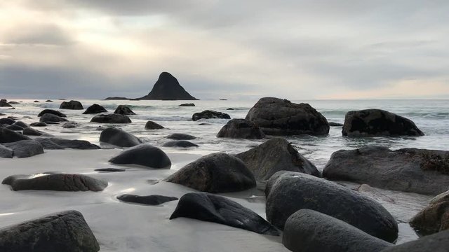 On the beach in Bleik, Lofoten island, Norway. Puffins island. Nature reserve.