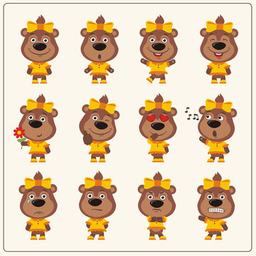 Set of charming little bear girl in various poses. Collection emoticons of isolated girls bears in cartoon style.
