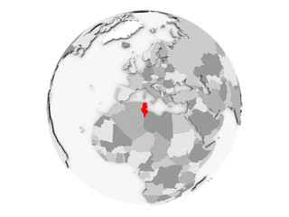 Tunisia on grey globe isolated