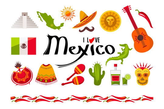 I love Mexico icon set. Sun, Moai pyramid, tequila, Mexico map, cactus, guitar, peyote, sombrero, moustache, poncho, dancing girl, coin, bean, chili, crocodile, maracas, flag. Vector illustration