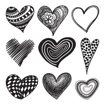 Doodle textured hearts set for your design. Vector sketch illustration