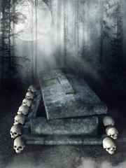 Kamienny grób z czaszkami w ciemnym lesie
