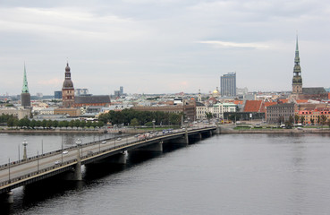Fototapeta na wymiar Panorama view of Riga city, capital of Latvia. The embankment of the Daugava River 