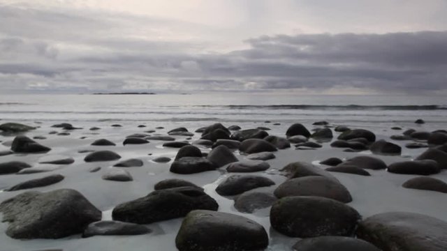On the beach in Bleik, Lofoten island, Norway. Puffins island. Nature reserve.