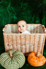Little child with blue eyes sits in a basket with toy pumpkins