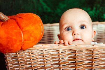 Little child with blue eyes sits in a basket with toy pumpkins