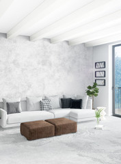Fototapeta na wymiar White bedroom minimal style Interior design with wood wall and grey sofa. 3D Rendering. 3D illustration