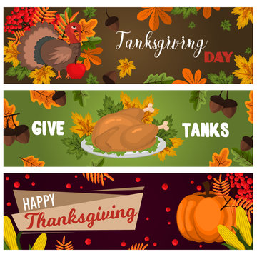 Happy thanksgiving cards celebration banner design cartoon autumn greeting harvest season holiday brochure vector illustration