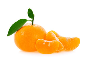 Oranges fruit with leaf, slices of oranges isolated on white background