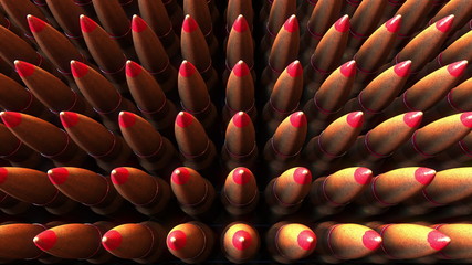 Fototapeta premium Many bullets top down view, 3D rendering. War, ammunition, aggression concepts