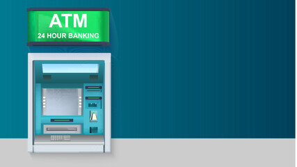 ATM - Automated teller machine with green lightbox, 24 hour banking. Template with ATM terminal for advertisement on horizontal long backdrop, 3D illustration.