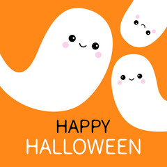 Three flying ghost spirit set. Happy Halloween. Scary white ghosts family. Cute cartoon spooky character. Smiling face. Orange background. Greeting card Isolated. Flat design.