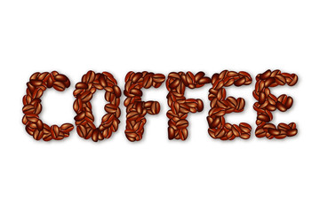 English word COFFEE made of realistic coffee beans. Isolated on white background. Vector illustration.