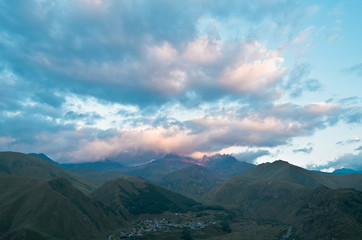 View of the Mount Kazbek from the village Stepantsminda