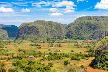 Fototapeta na wymiar View of the Vinales valley, Pinar del Rio, Cuba. Copy space for text.