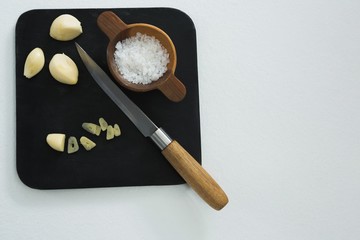 Fototapeta na wymiar Chopped garlic with bowl of sea salt and knife