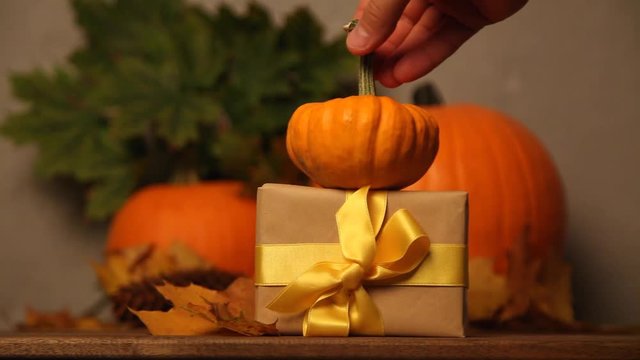 Halloweeen seasonal pumpkin and gift box on wooden table
