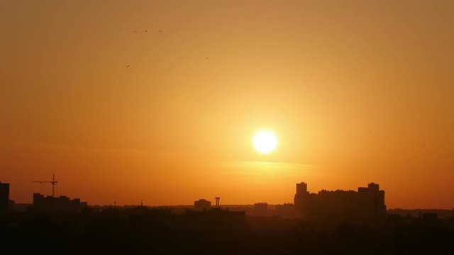 Sunrise over city skyline - red sun, construction crane, silhouette