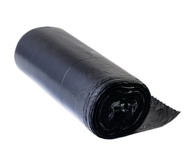 Black plastic polyethylene garbage bag roll isolated on white background