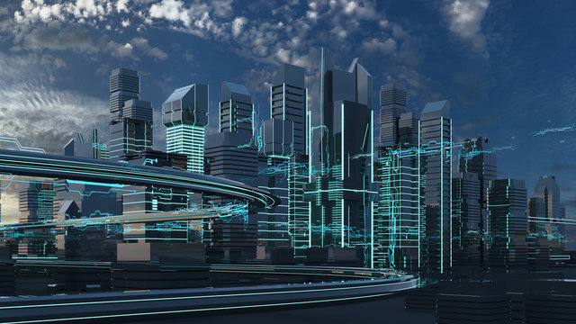 Futuristic Skyscrapers In The Flow. The Flow Of Digital Data. City Of The Future. 3D Illustration. 3D Rendering