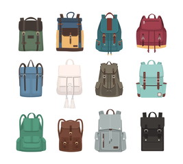 Large collection of fashionable backpacks or rucksacks. Modern casual and touristic accessories of different types and colors isolated on white background. Colorful flat vector illustration
