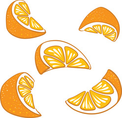 Bright vector set of slices and segments of juicy oranges.