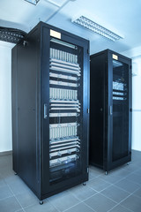 Closeup photo of a rack cabinet in server room