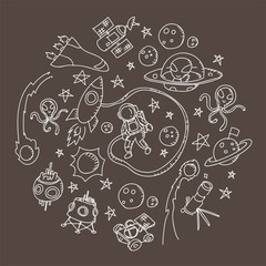 Astronaut in Space kids hand drawing set pattern background circle shape illustration isolated on brown color background