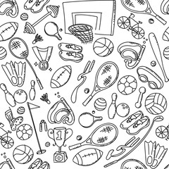 Seamless pattern background Sports Equipment kids hand drawing set illustration isolated on white background