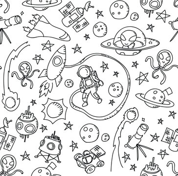 Seamless pattern background Astronaut in Space kids hand drawing set illustration isolated on white background