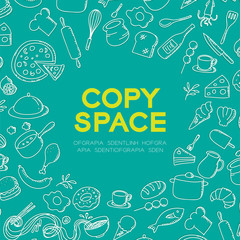 Food and ingredient kids hand drawing set pattern background circle shape illustration isolated on green color background, with center copy space circle shape