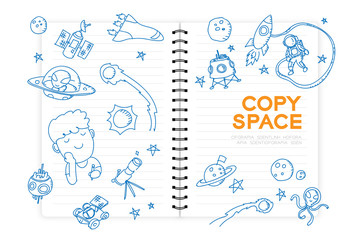 Notebook with kid boy hand drawing set, Imagine of Future Occupation "Astronaut" concept idea illustration isolated on white background, with copy space