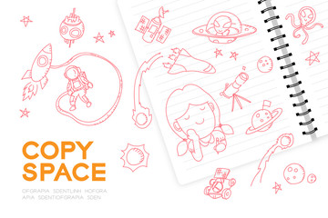 Notebook with kid girl hand drawing set, Imagine of Future Occupation "Astronaut" concept idea illustration isolated on white background, with copy space