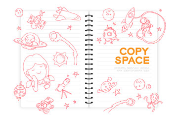 Notebook with kid girl hand drawing set, Imagine of Future Occupation "Astronaut" concept idea illustration isolated on white background, with copy space
