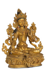 The Syama Tara (Green Tara) statuette isolated on the white background; Buddha sits in the lotus position