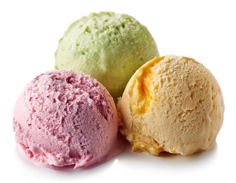 Three Various Ice Cream Balls - Strawberry, Mango And Mint