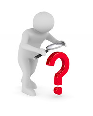 Man with magnifier and question on white background. Isolated 3D illustration