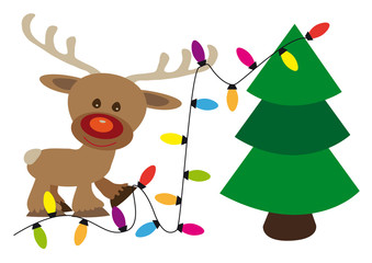 Obraz na płótnie Canvas Happy reindeer decorates a Christmas tree with lighting color cain