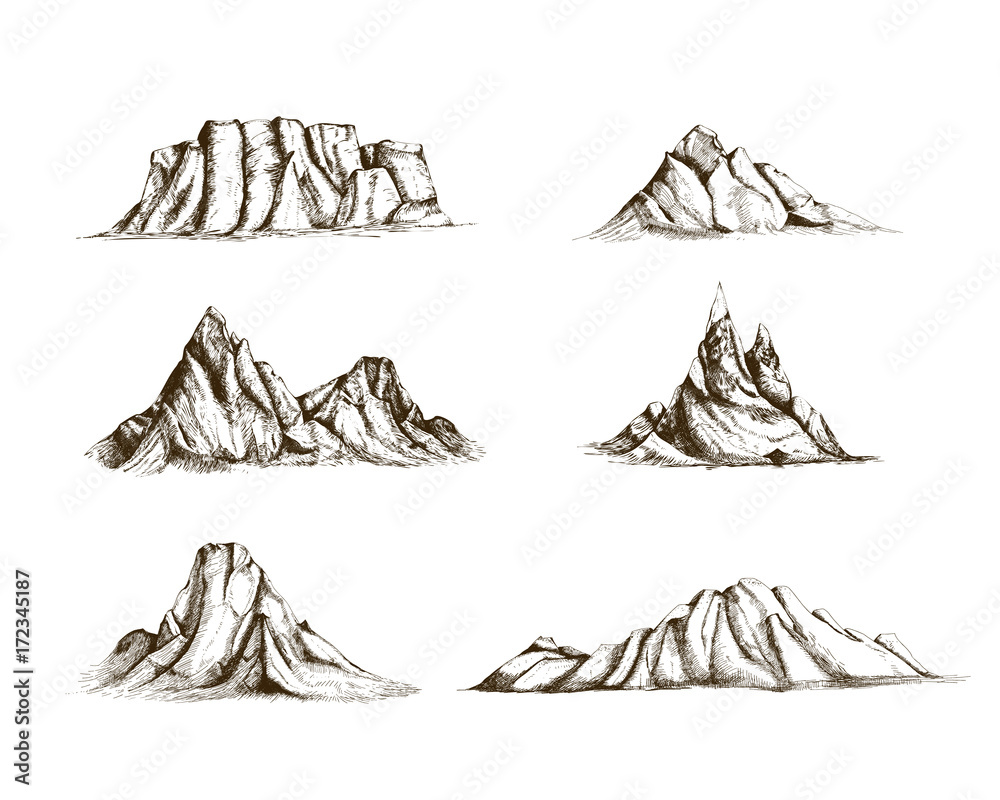 Poster collection of mountains hand drawn in vintage style. set of beautiful retro drawings of different ro